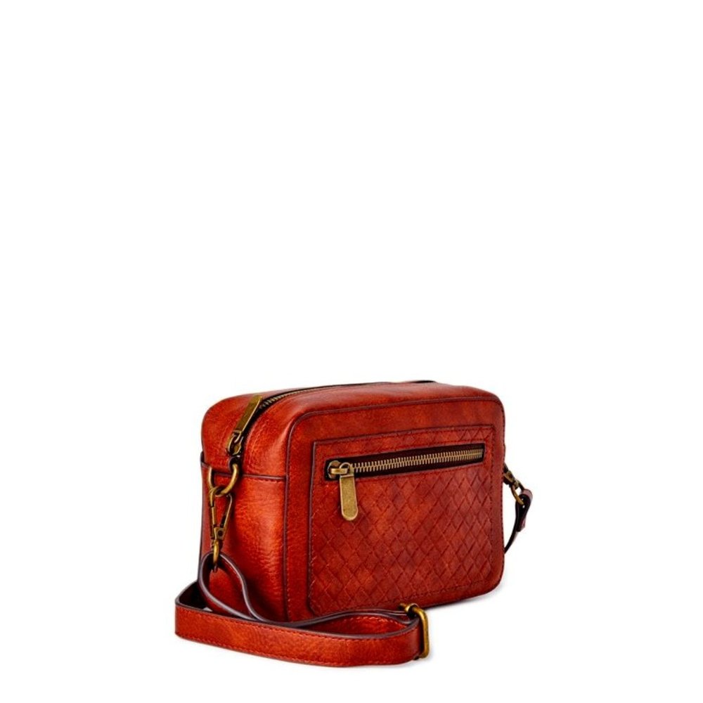 Cognac Vegan Leather Camera Crossbody with Designer Antique Gold Hardware
